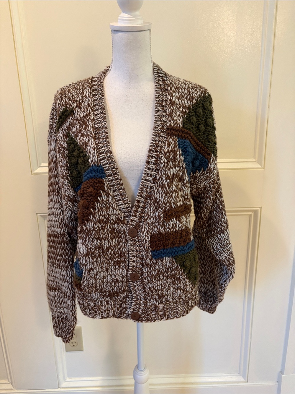 Cozy Brown Multi-Accent V-Neck Button Cardigan - Picture 1 of 7
